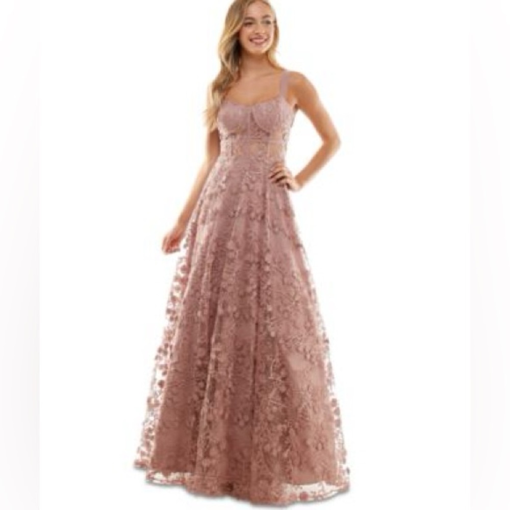 Say Yes to the Prom Juniors' Floral Embroidered Mesh Gown dusted pink Sz 1